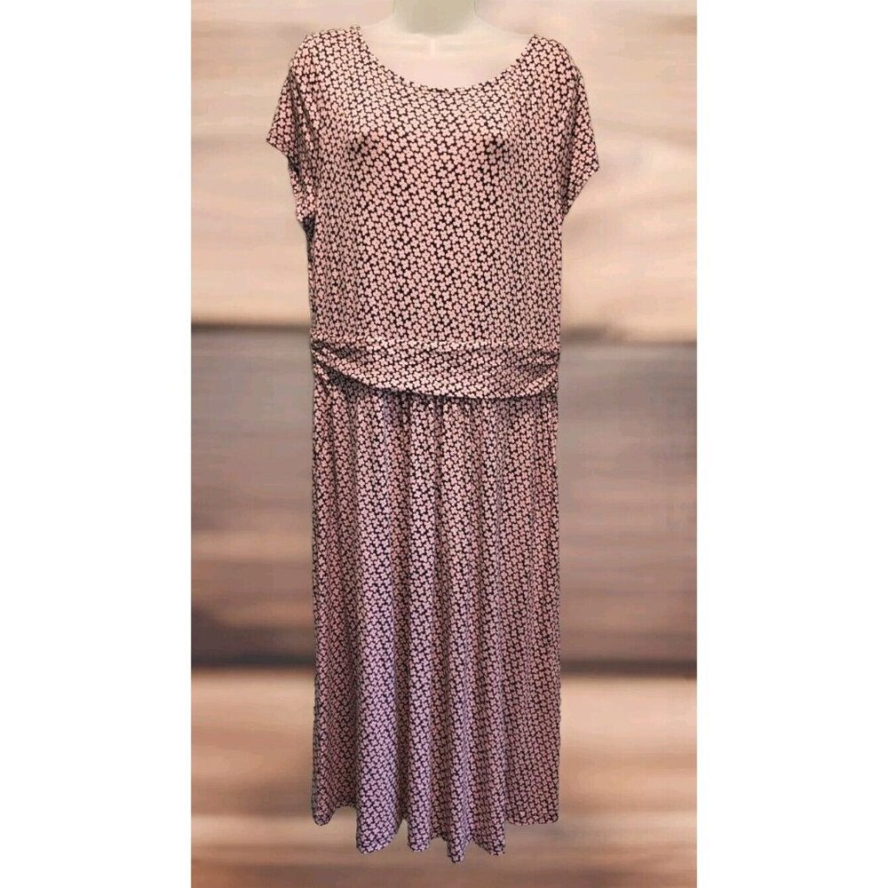 Boden Pink Navy Floral Short Sleeve Stretchy Lightweight Midi Dress Sz 12L